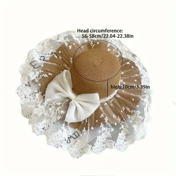 AD Women's Lace Bowknot Straw Hat, Wide Brim Wave Edge Sun Protection Beach Cap - Picture 4 of 6